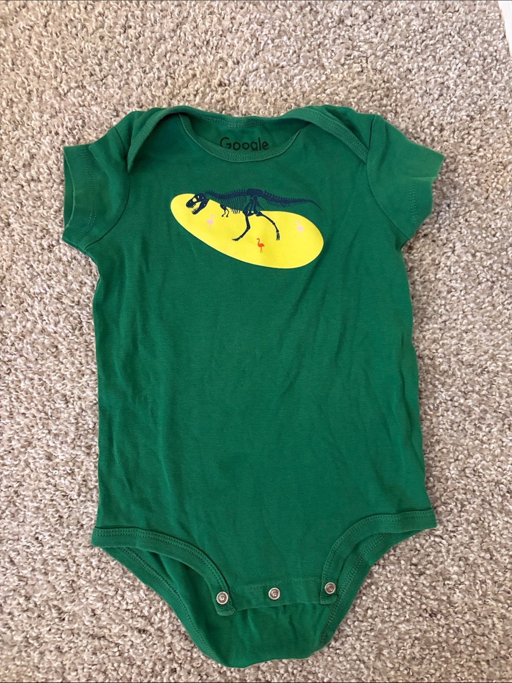 google Green Baby One-Piece with Yellow Dinosaur Graphic